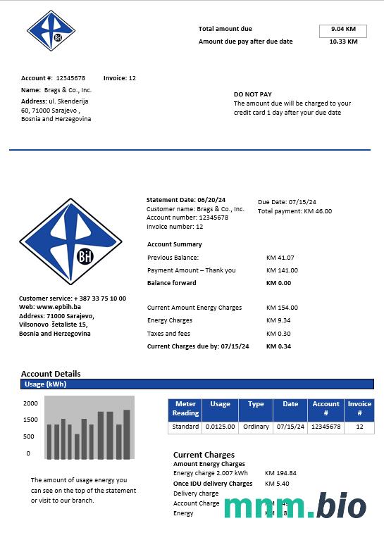 Bośnia I Hercegowina Elektroprivreda BIH szablon rachunku za energię elektryczną w programie Word i PDF